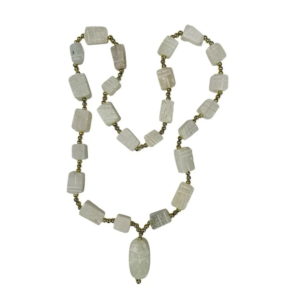Vintage Egyptian Carved Scarab Beetle Pendant Necklace White Gold Bead Soapstone